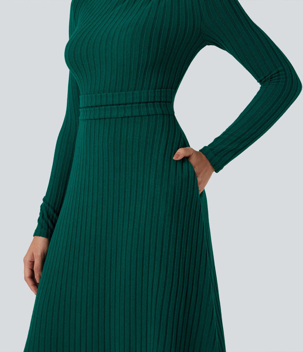 Robe mi-longue côtelée manches longues avec poches
