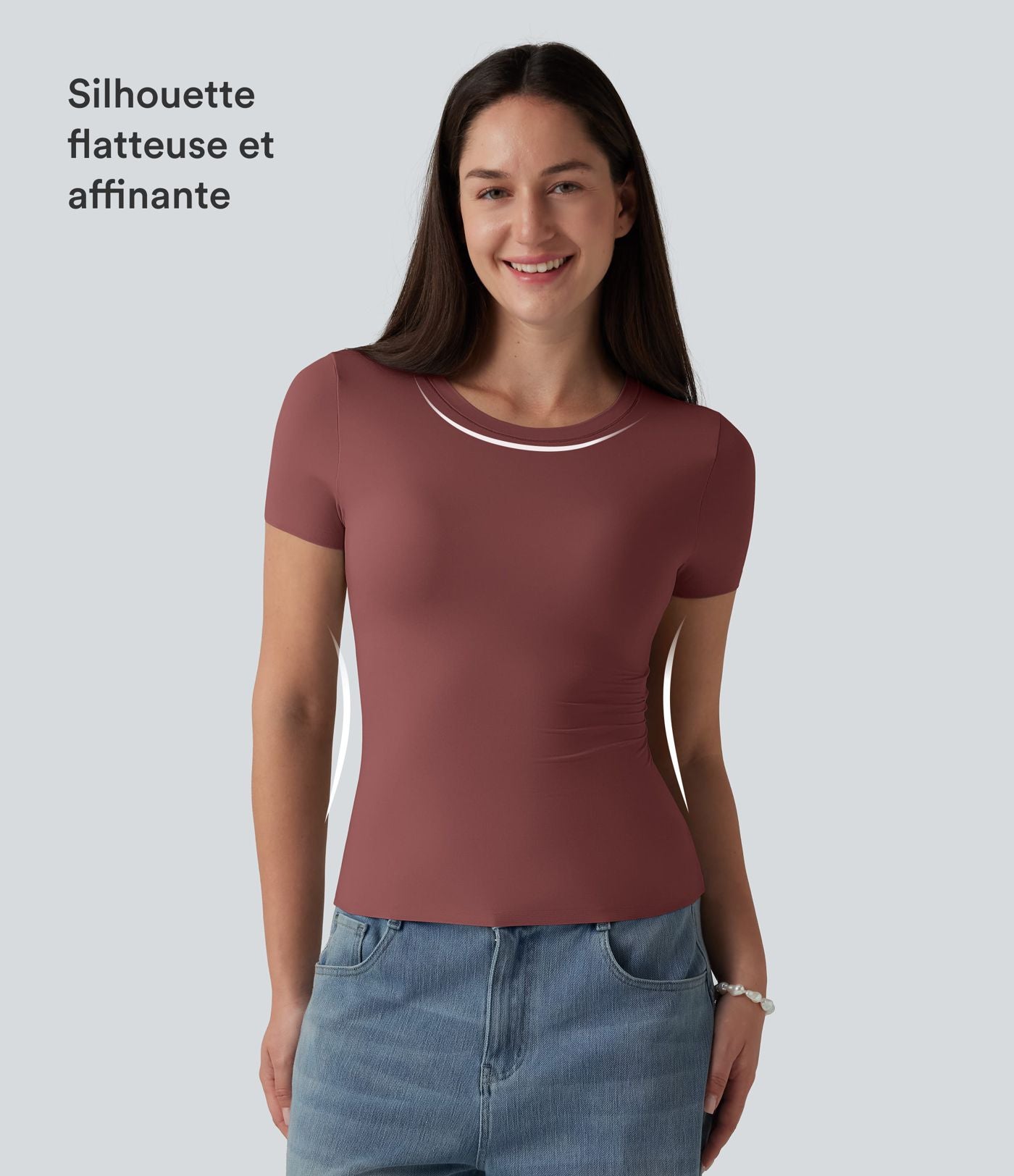 T-shirt décontracté col rond échancré à manches courtes avec soutien-gorge intégré bonnets B-DD