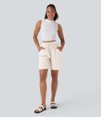 Short décontracté effet lin taille haute avec cordon de serrage et poches latérales