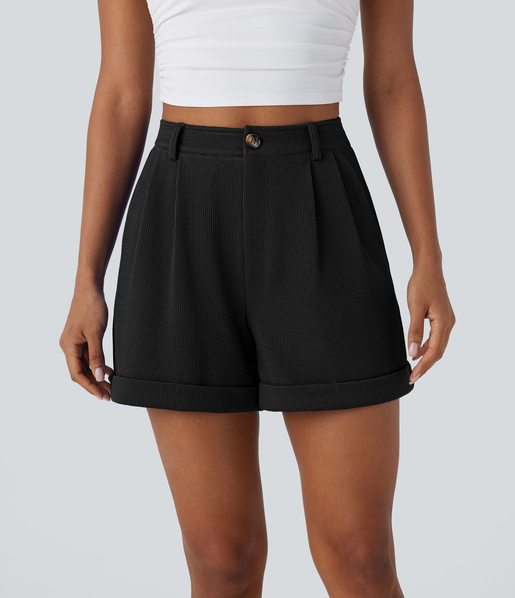 Short décontracté gaufré à taille haute, fermeture zippée, bouton et poches latérales