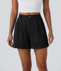 Short décontracté gaufré à taille haute, fermeture zippée, bouton et poches latérales