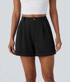 Short décontracté gaufré à taille haute, fermeture zippée, bouton et poches latérales