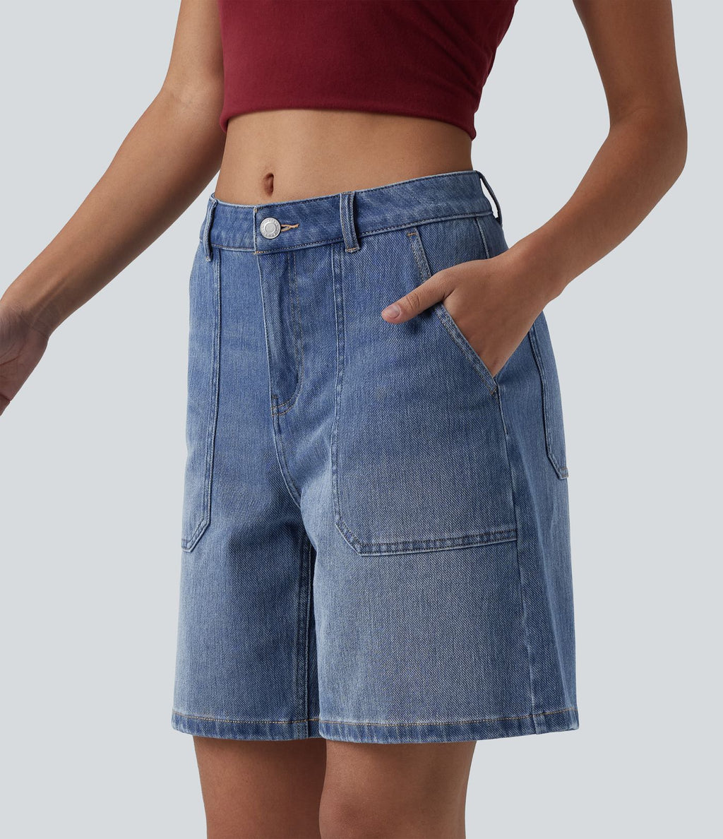 Short en jean Halara Flex™ mi-taille ample délavé décontracté avec poches