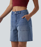Short en jean Halara Flex™ mi-taille ample délavé décontracté avec poches