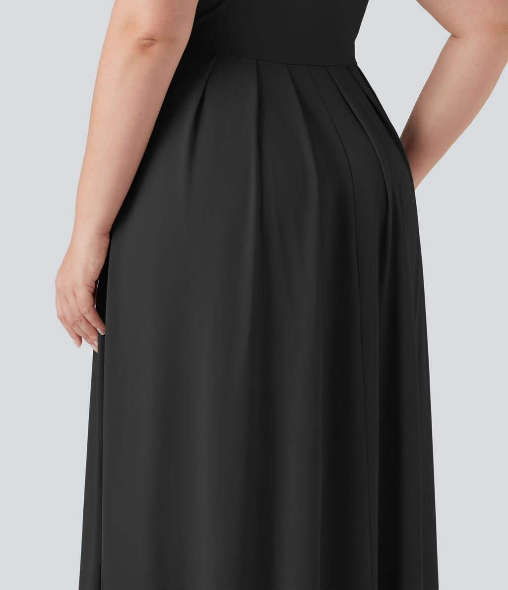 Robe longue évasée décontractée grande taille col officier manches courtes avec poches
