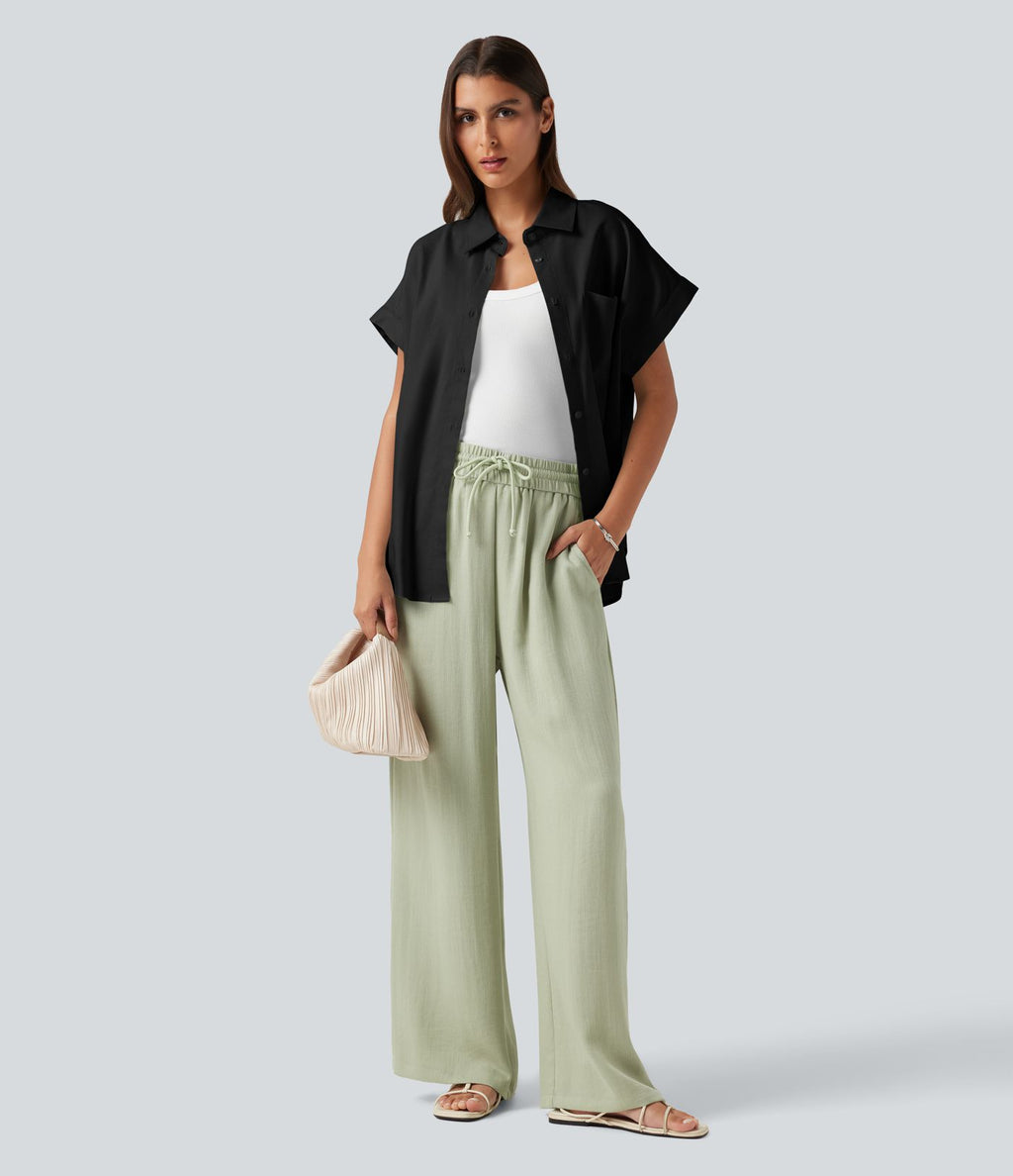 Chemise décontractée manches courtes en coton et lin avec poche
