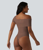 Body casual col asymétrique manches courtes avec soutien-gorge intégré