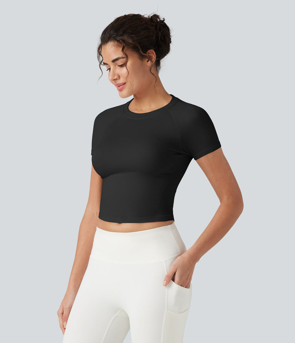 Haut de sport yoga OneForm sans couture Flow col rond manches courtes raglan ajusté