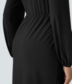 Robe de Soirée Mi-longue à Col V, Manches Longues, Plis et Ourlet Tulipe