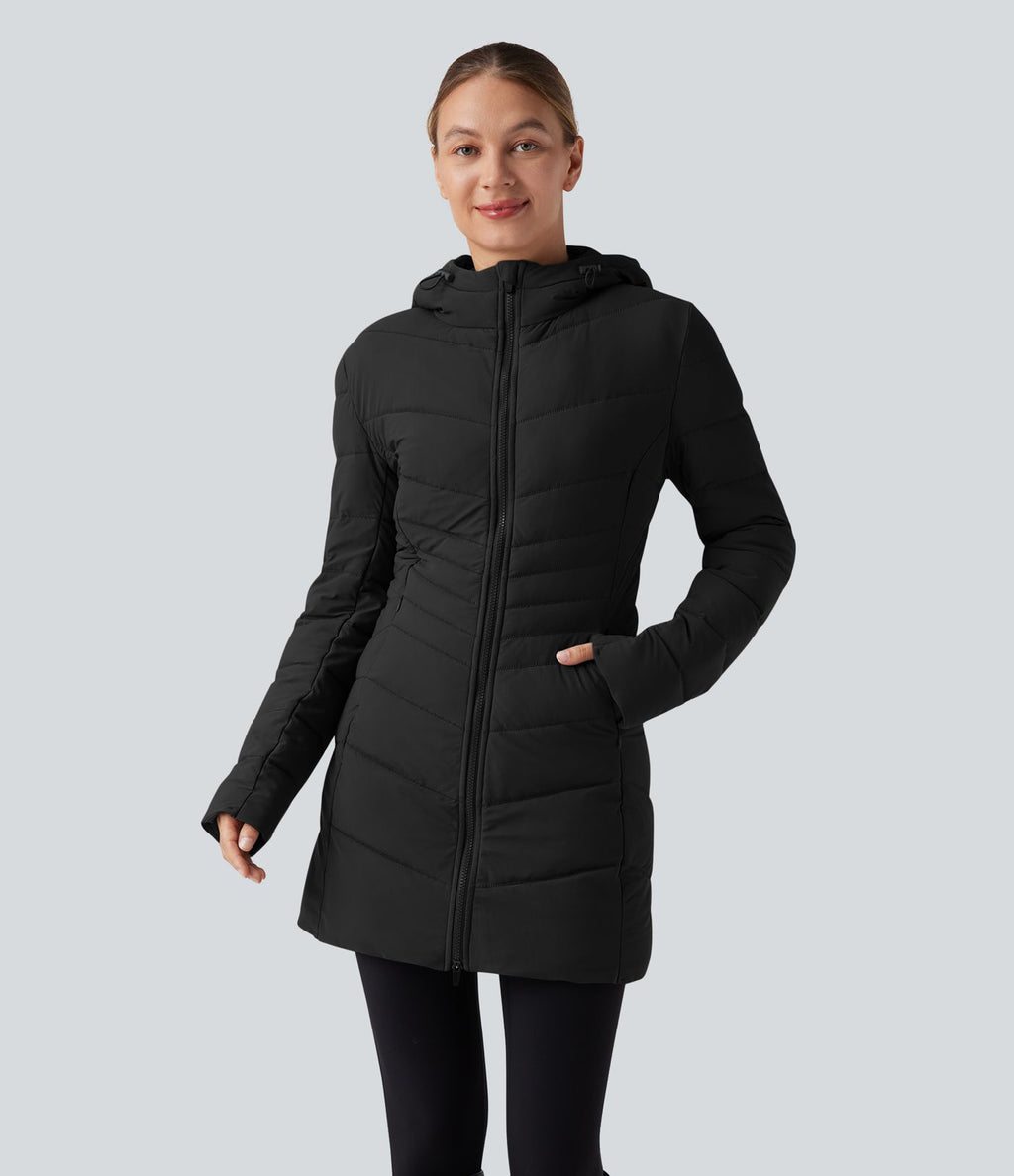 Doudoune longue extensible PuffFlex à capuche avec poches