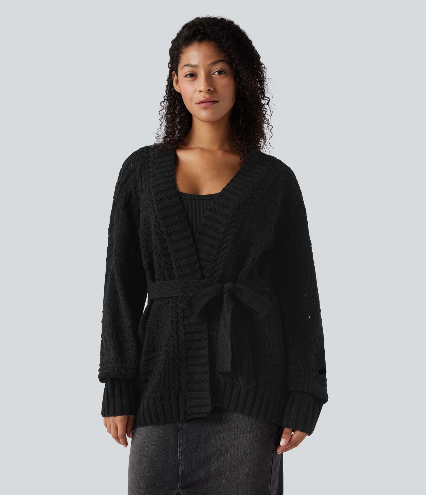 Cardigan décontracté en maille tricotée à manches longues avec ceinture et ouverture devant