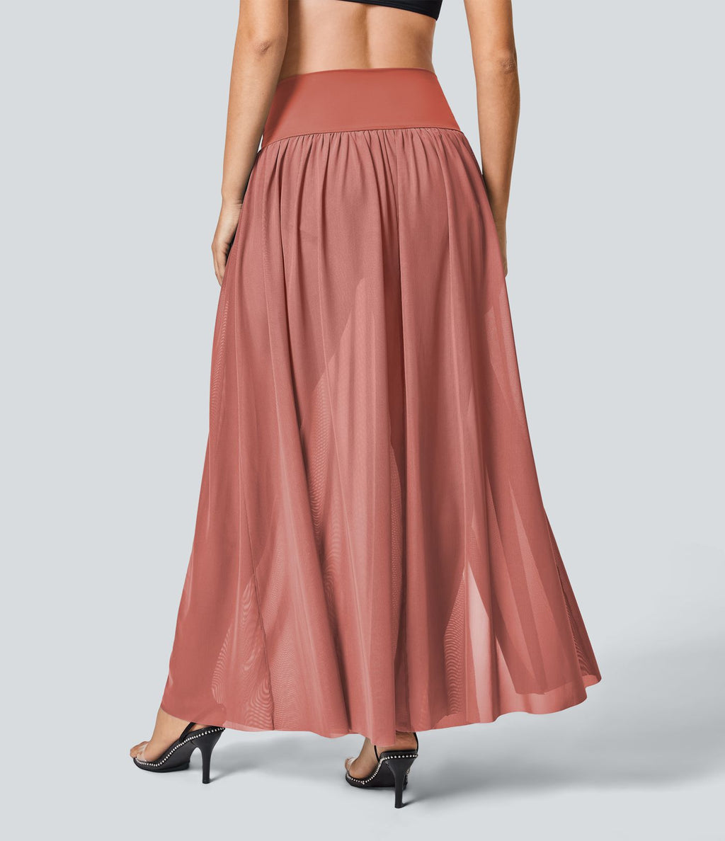 Jupe Casual Taille Haute Maxi Fluide Mesh Fente Plissée 2 en 1