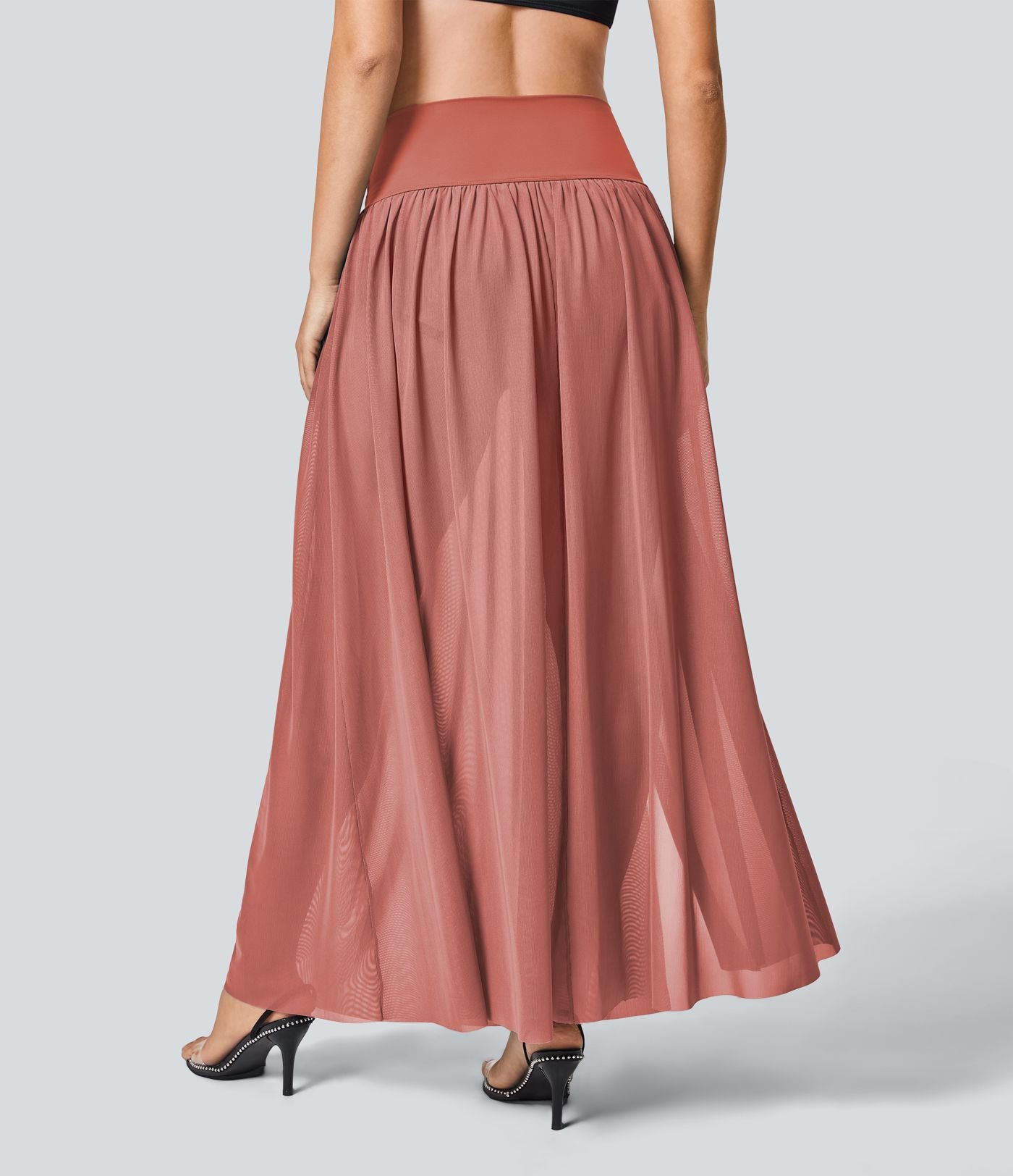 Jupe Casual Taille Haute Maxi Fluide Mesh Fente Plissée 2 en 1