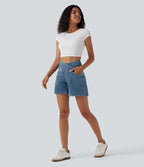 Halara Flex™ Short décontracté évasé à jambe large en denim extensible délavé taille haute croisée avec poches multiples