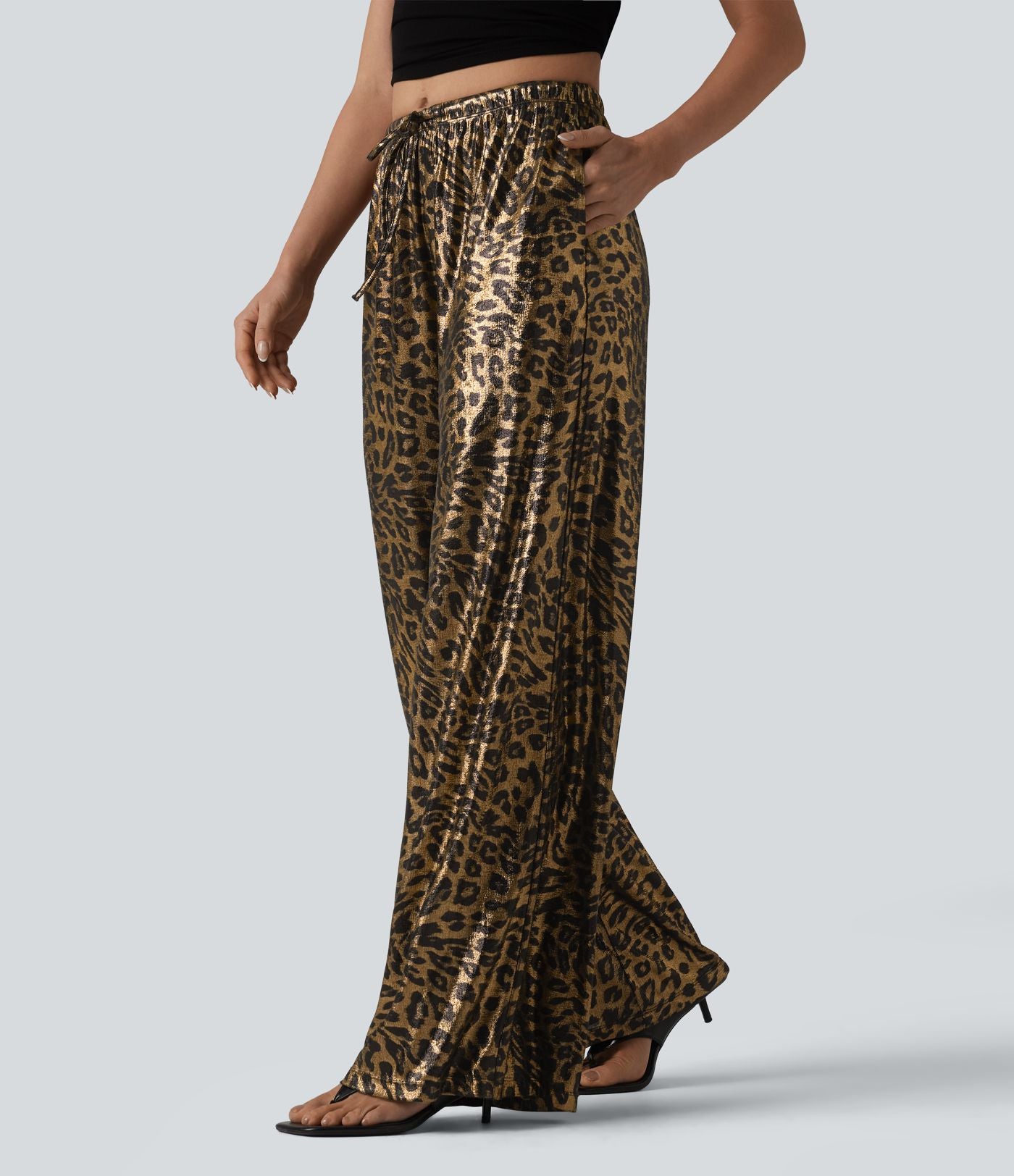 Pantalon leopard large décontracté taille mi-haute avec cordon de serrage et poches