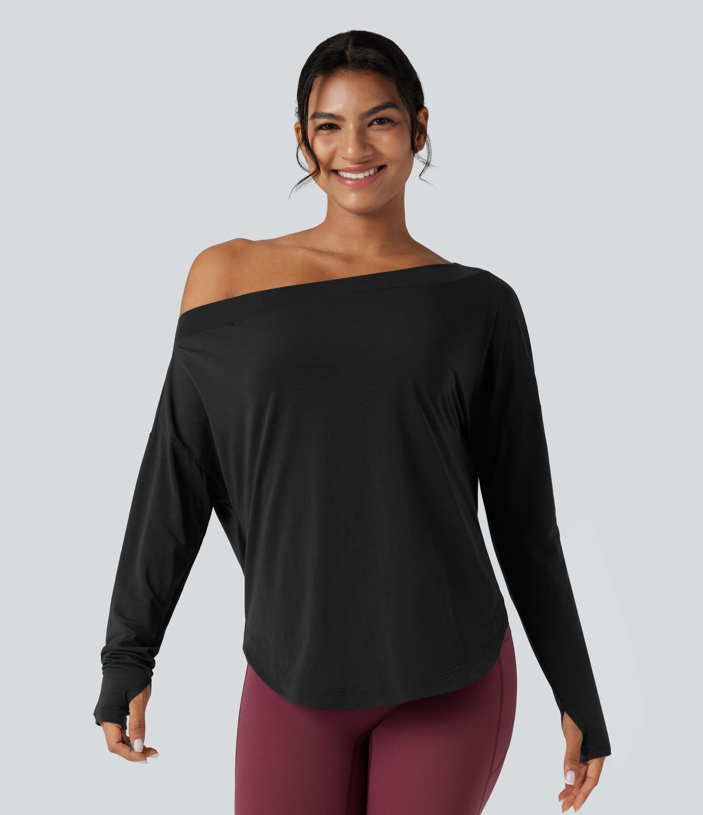 Top de sport yoga une épaule séchage rapide ourlet arrondi asymétrique manches longues avec trous pouces - Brassière intégrée