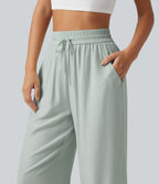 Pantalon large court taille haute en lin mélangé avec cordon de serrage et poches