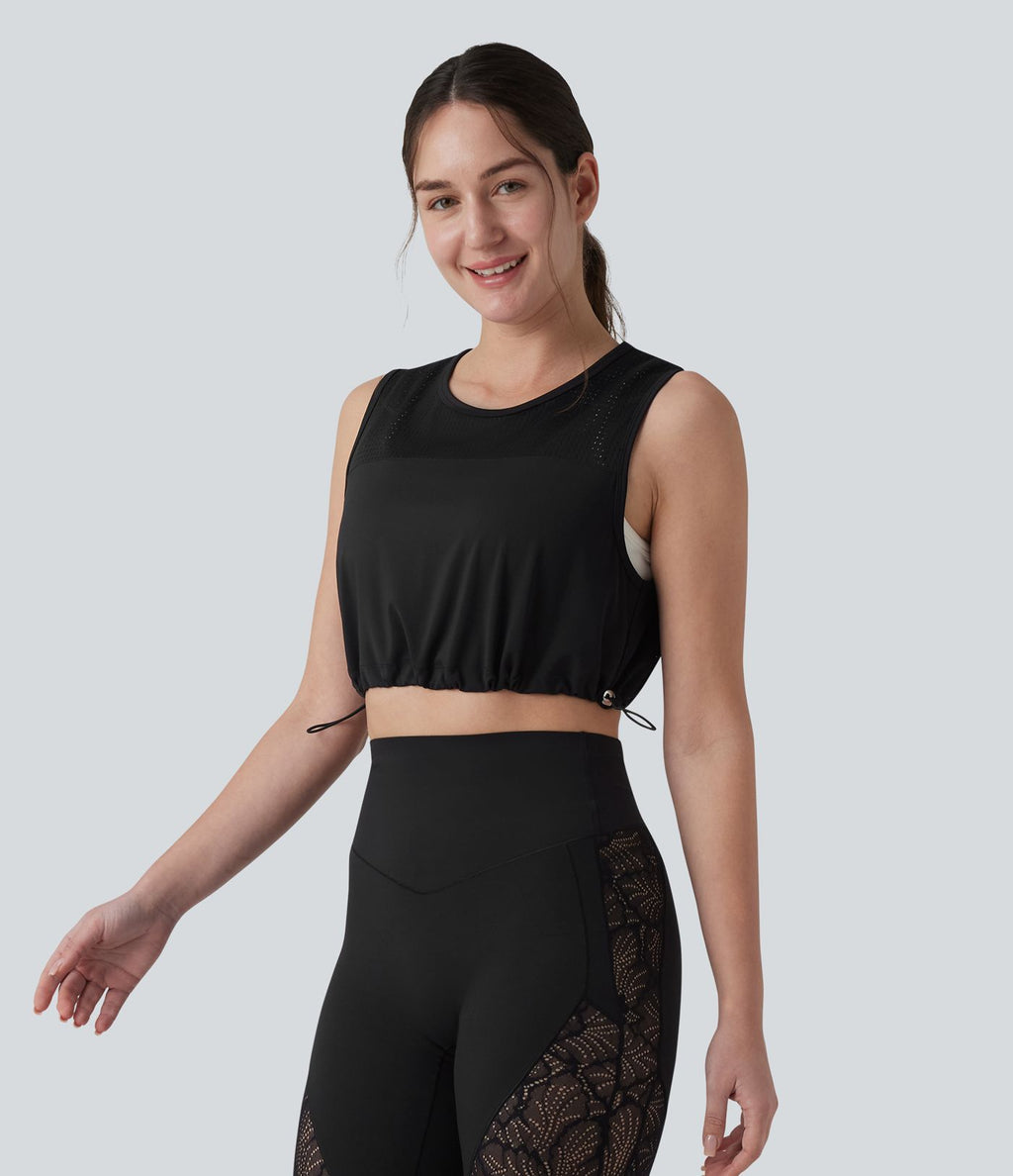 Débardeur yoga court col rond mesh respirant avec ourlet à cordon de serrage