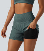 Short de yoga 2-en-1 à rayures, taille très haute, 12,5 cm, à poches