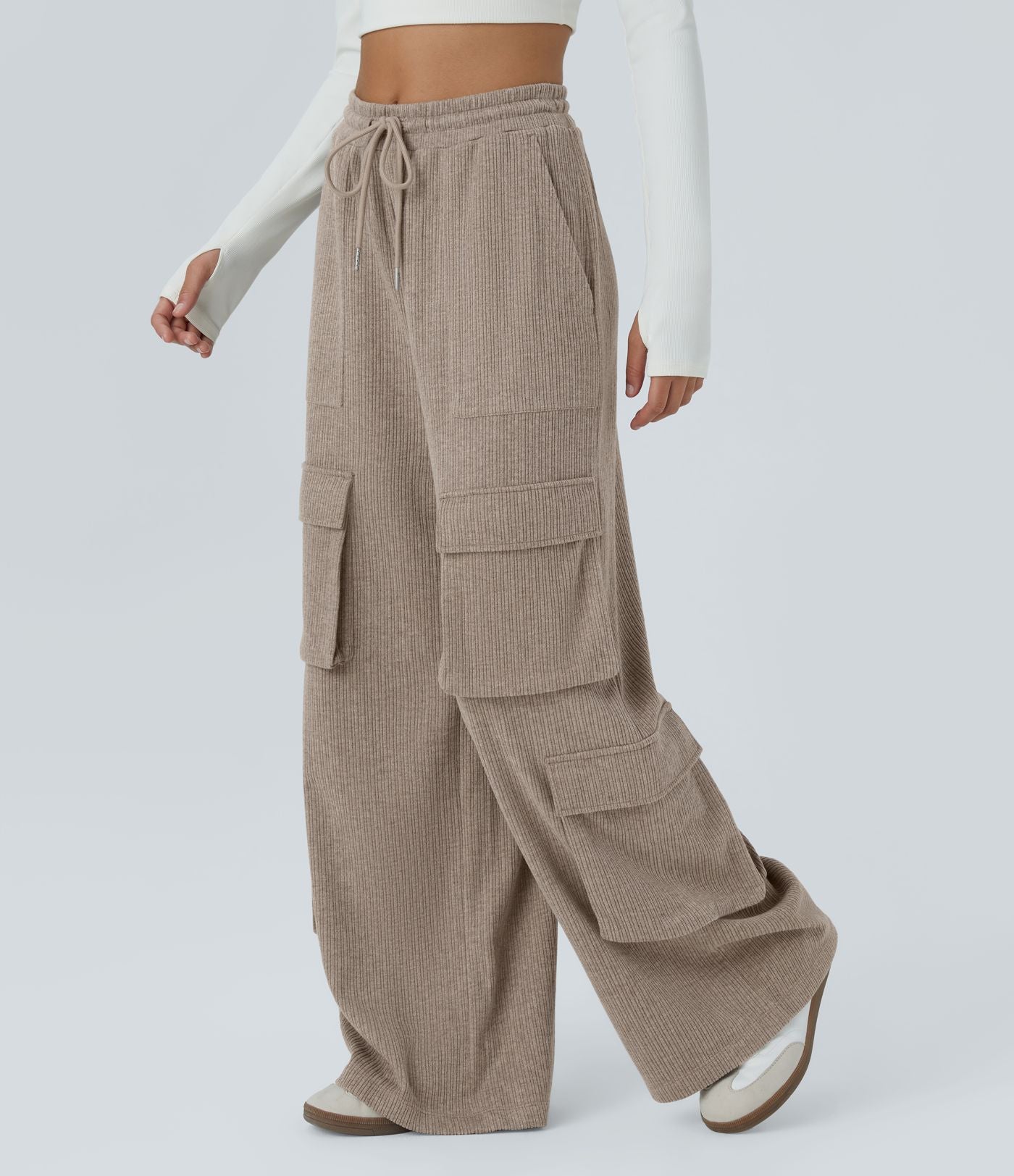 Pantalon cargo décontracté large à cordon côtelé, taille mi-haute, avec poches