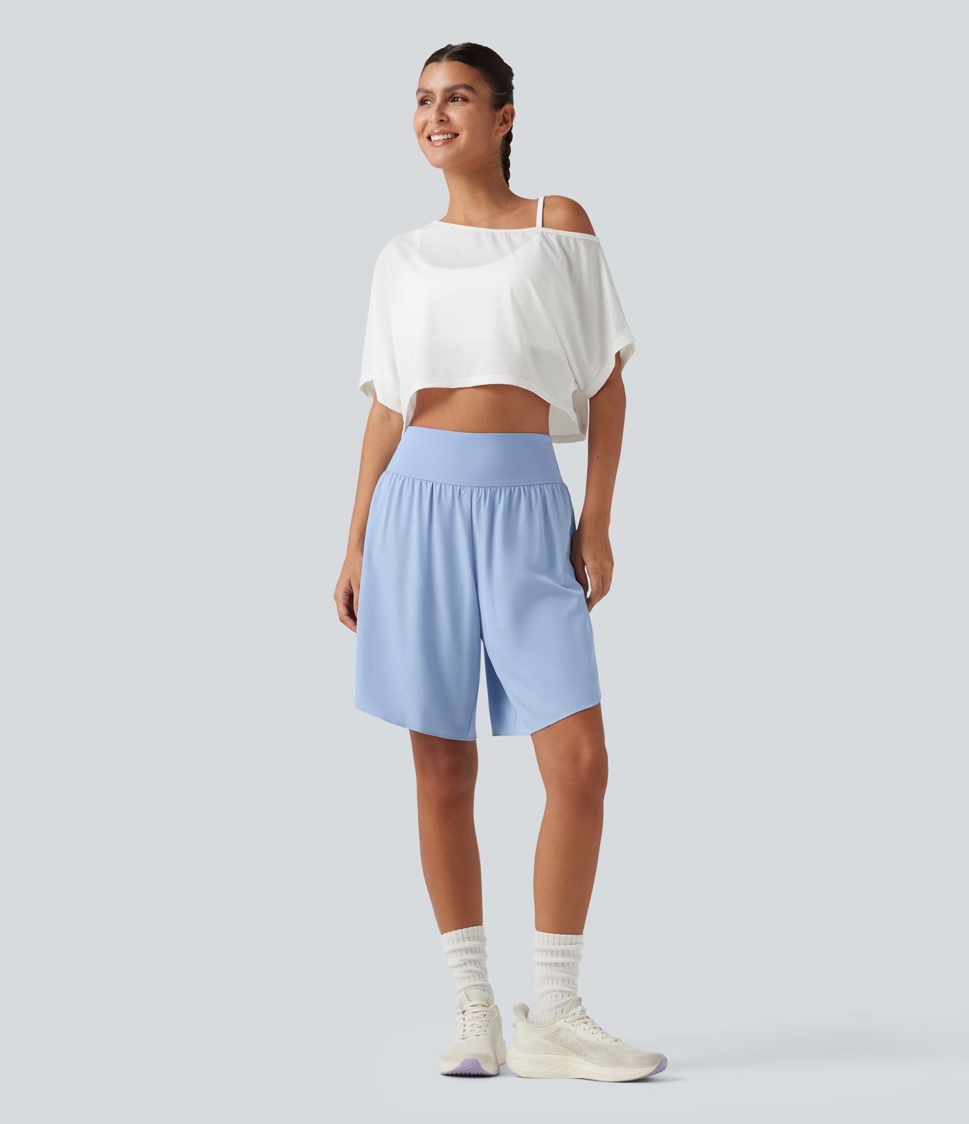 Short de course 2 en 1 SoftlyZero™ QuickDry taille haute, effet ventre plat, pois réfléchissants, ourlet croisé, 23 cm, avec poches