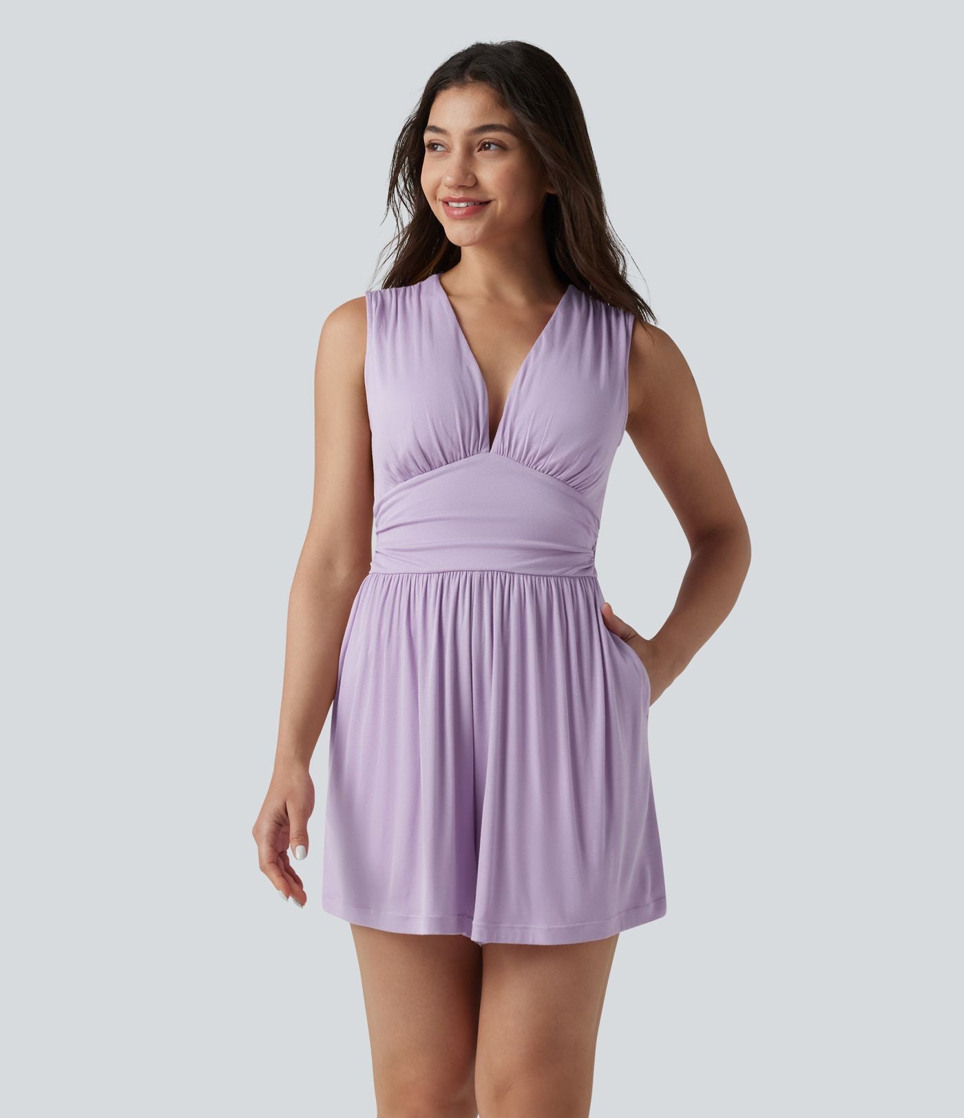 Combishort casual côtelé sans manches col V, fronces et soutien-gorge intégré, avec poches – Easy Peasy