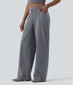Pantalon large casual taille haute croisée aspect lin avec poches