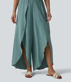Pantalon large fluide décontracté taille haute aspect lin