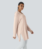 Sweatshirt Casual à Capuche Encolure en V Cordon de Serrage Trou pour le Pouce Fente et Coupe Longue
