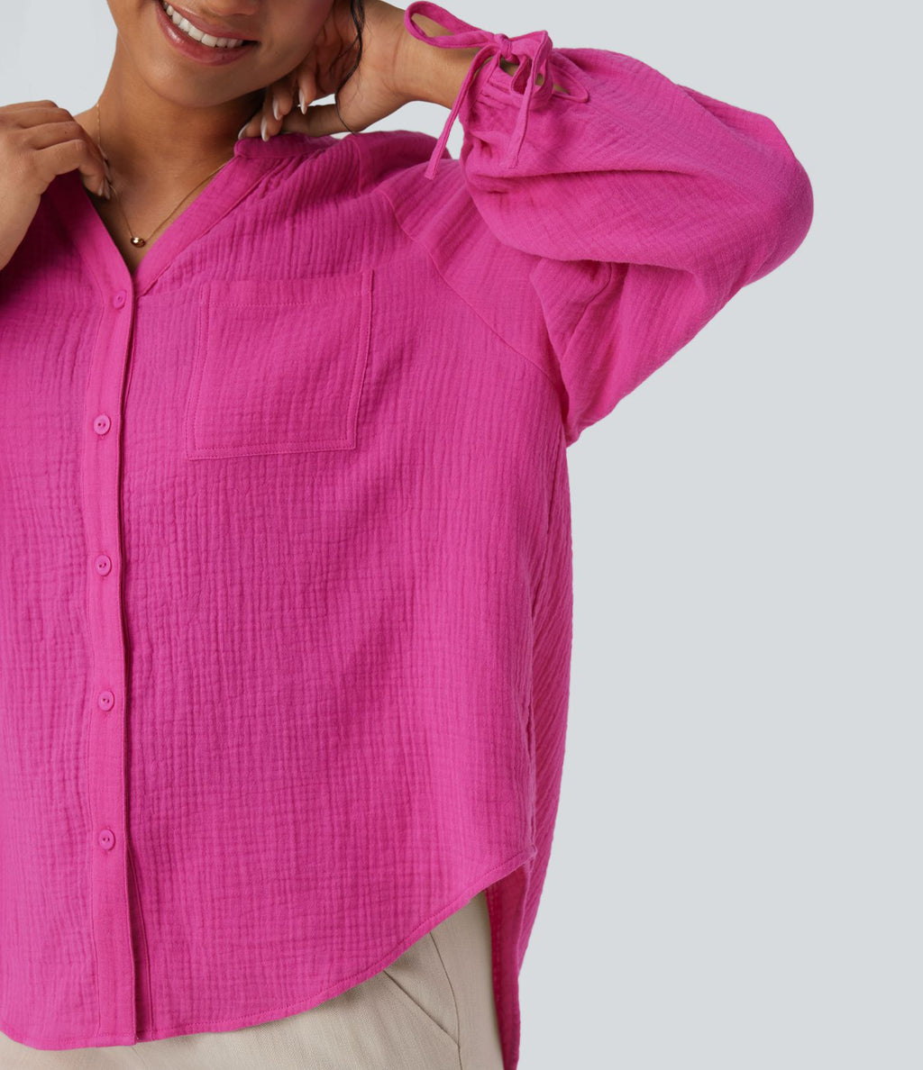 Chemise décontractée coton col V manches longues avec laçage et poche