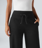 Pantalon jogging large décontracté côtelé gainant taille haute avec cordon de serrage et poches