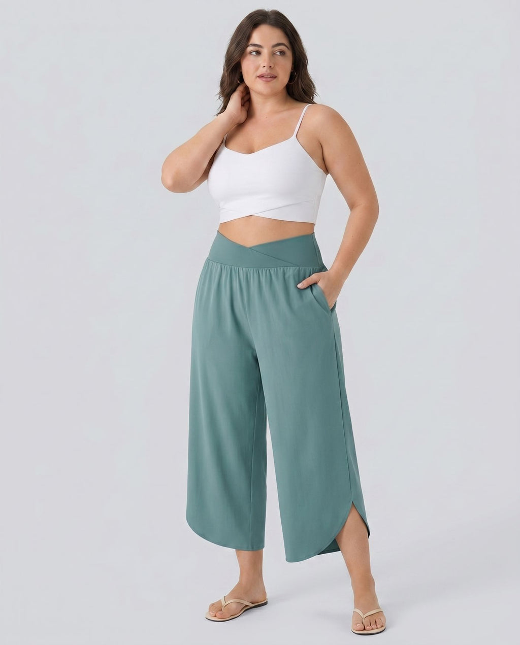 Breezeful™ Pantalon de Vacances Grande Taille Taille Haute avec Découpe Croisée Plissé Poche Latérale Fente et Séchage Rapide