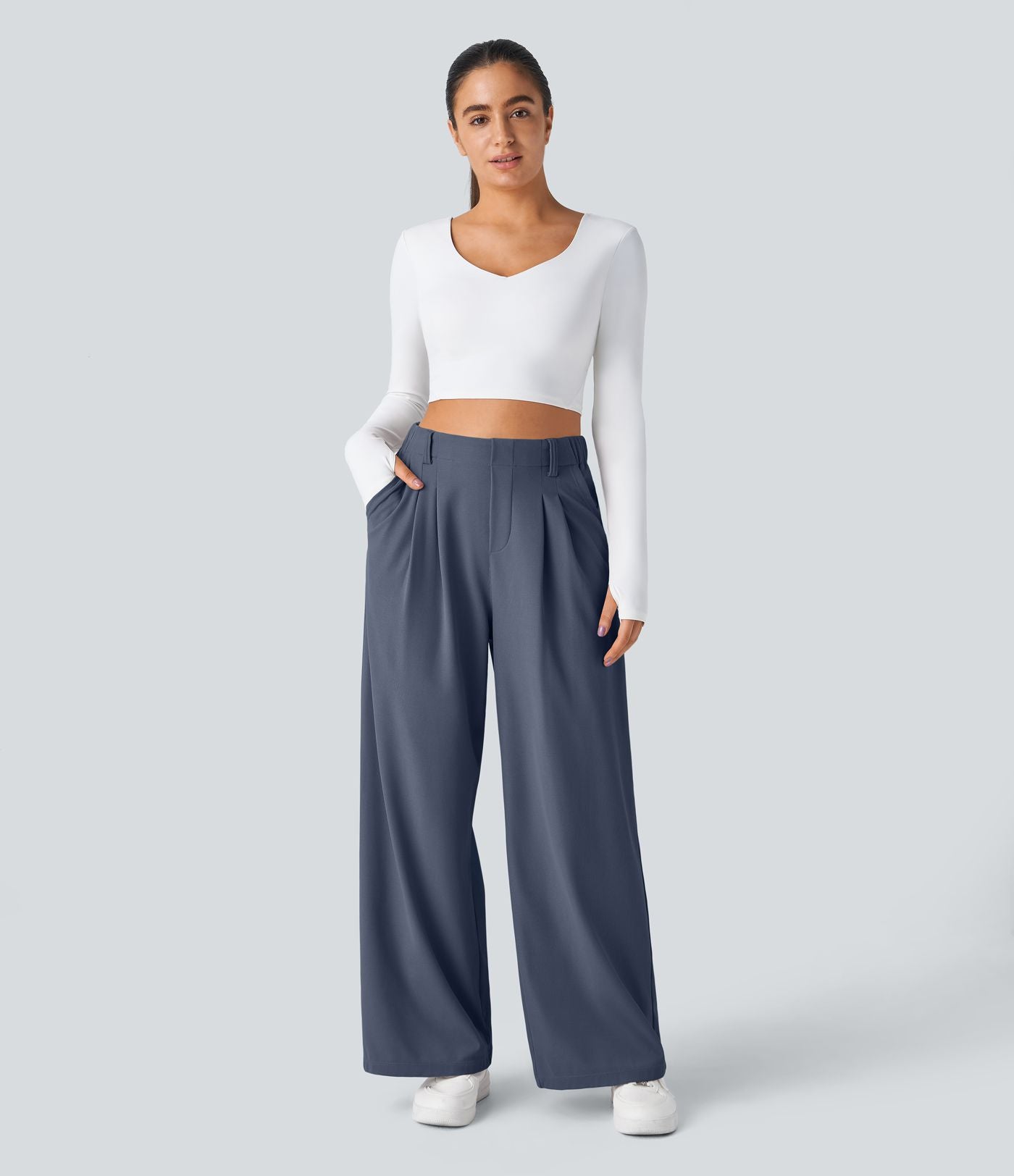 Pantalon Tailleur Large Fluide Halara Flex™ Gaufré Taille Haute Poches Latérales
