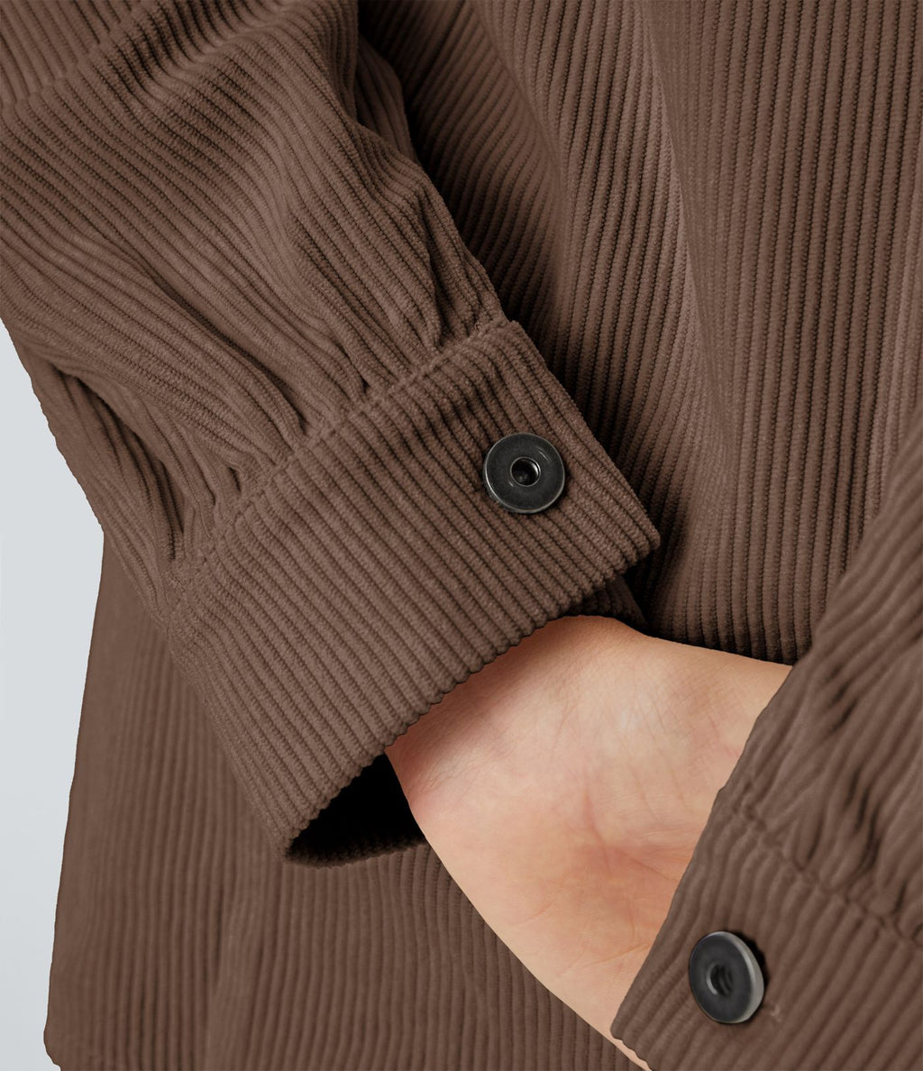 Veste Casual en Velours Côtelé à Col Boutonné Poches et Manches Longues Ourlet Courbé