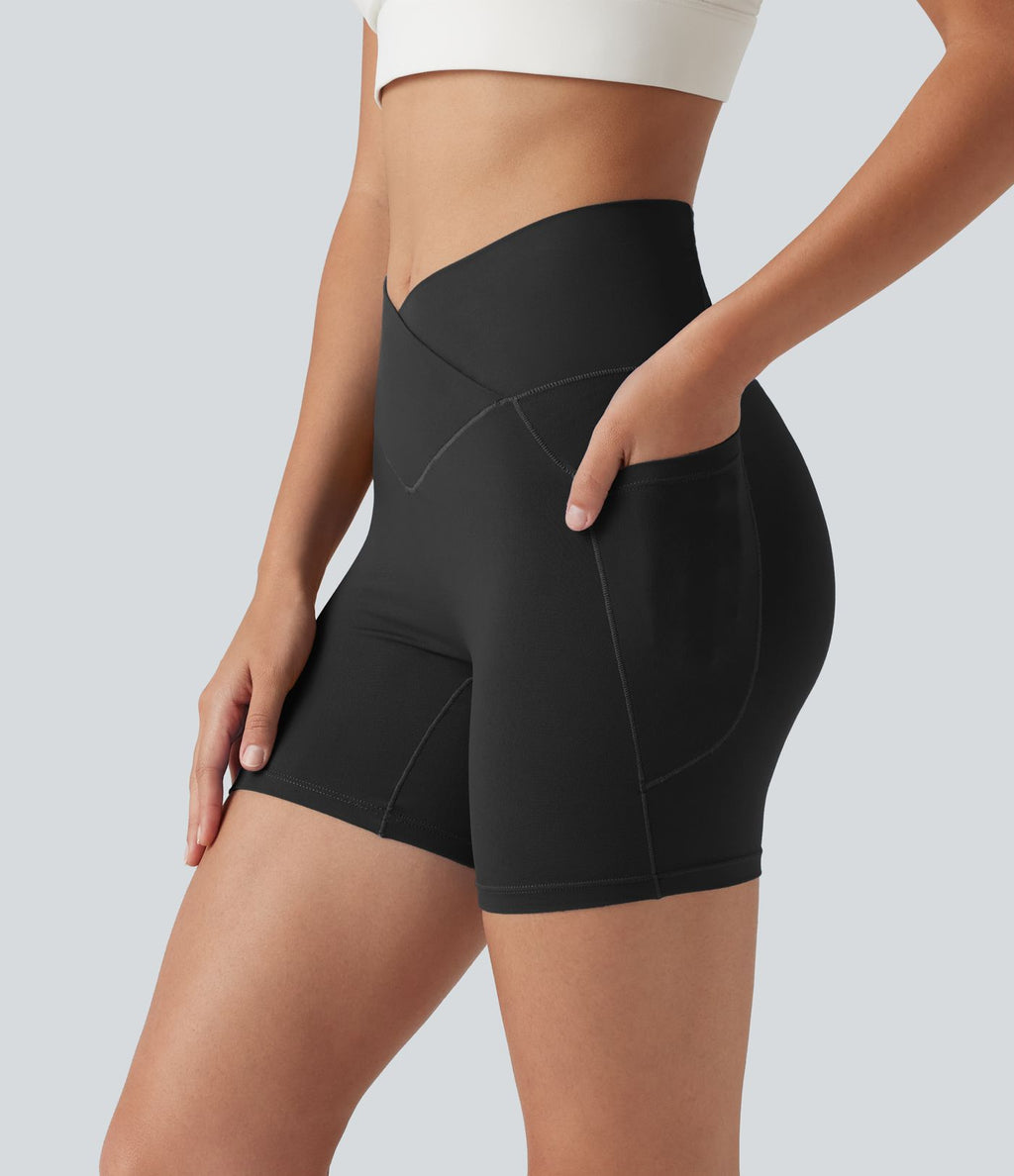 Short cycliste de yoga SoftlyZero™ 13 cm taille haute croisée avec poches et protection solaire UPF50+
