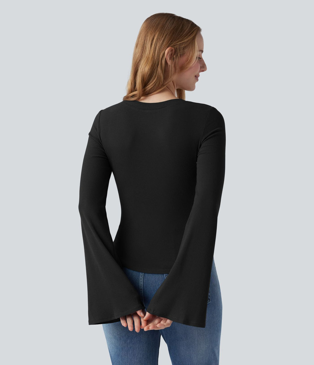 T-shirt en maille côtelée décolleté carré manches à volants froncé ourlet arrondi