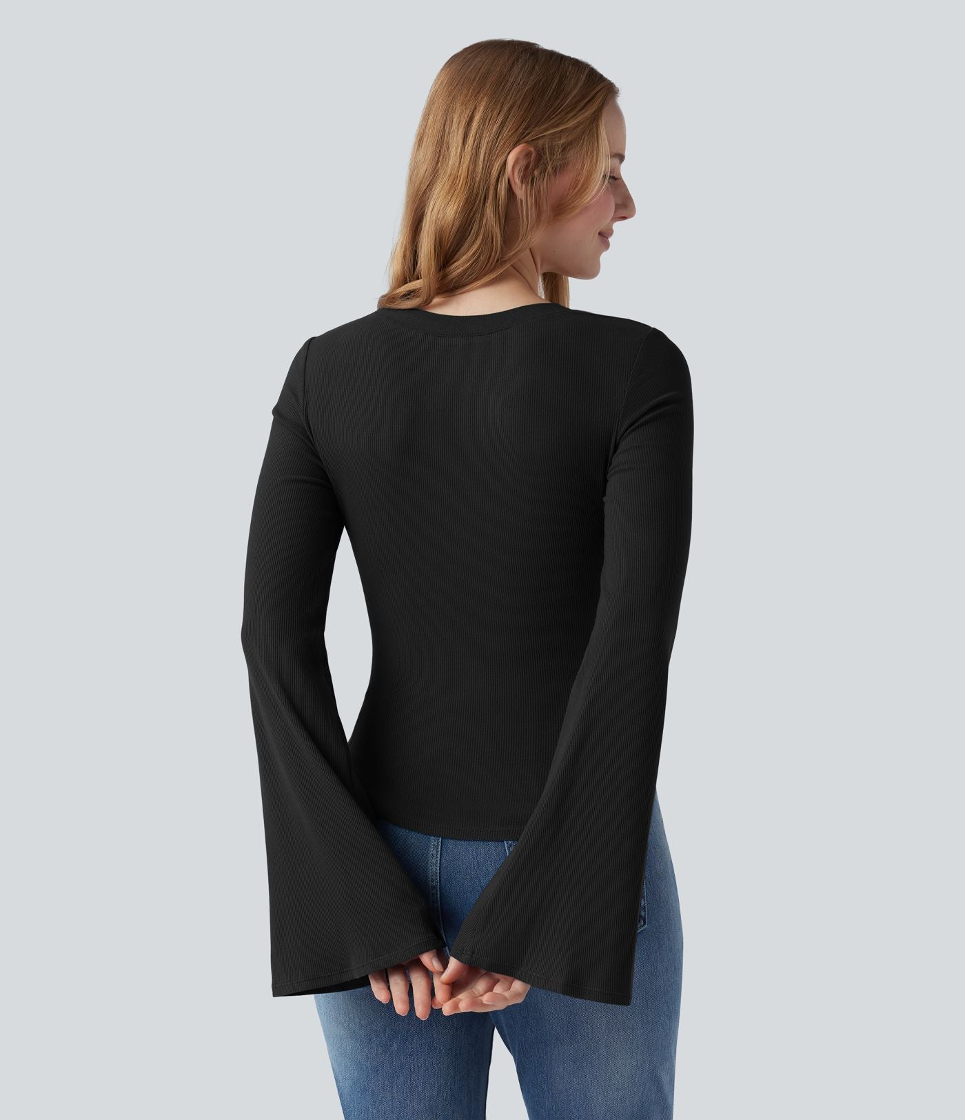 T-shirt en maille côtelée décolleté carré manches à volants froncé ourlet arrondi