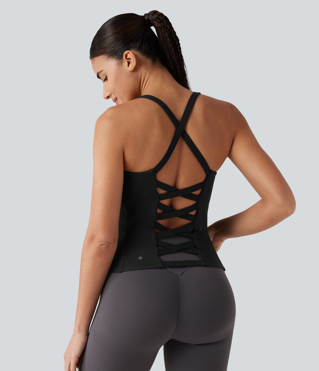 Débardeur de running croisé dos nu, brassière intégrée — version longue — bonnets A à D
