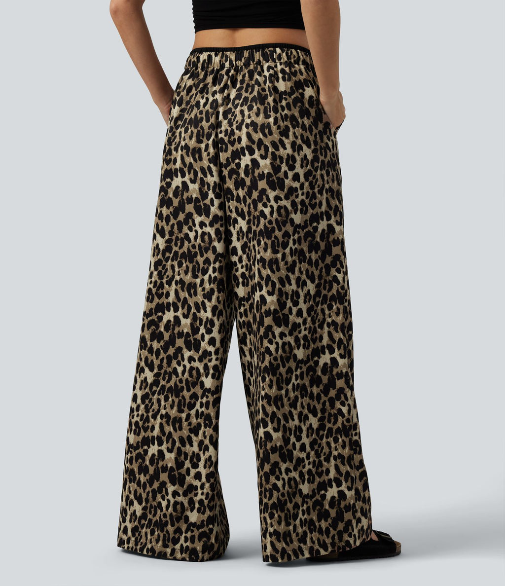 Pantalon large décontracté imprimé léopard taille basse avec cordon de serrage et poches