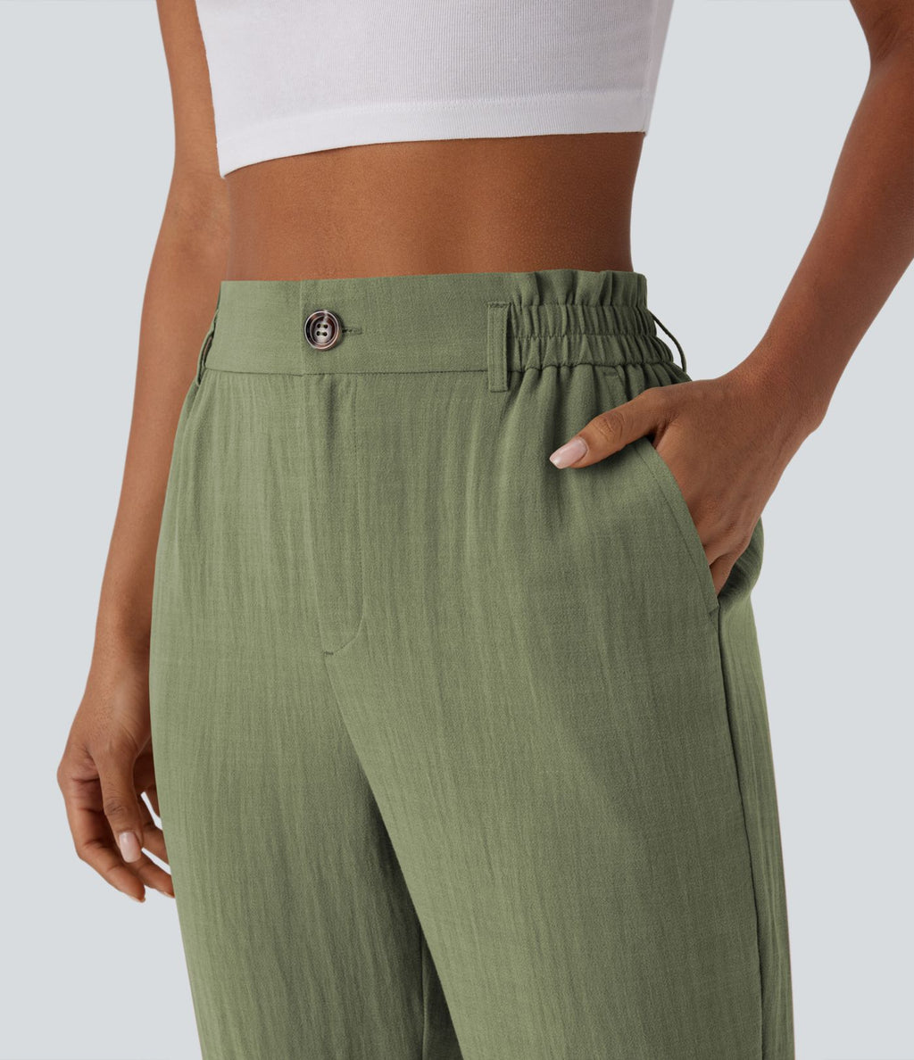 Pantalon capri effet lin taille haute avec poches zippées