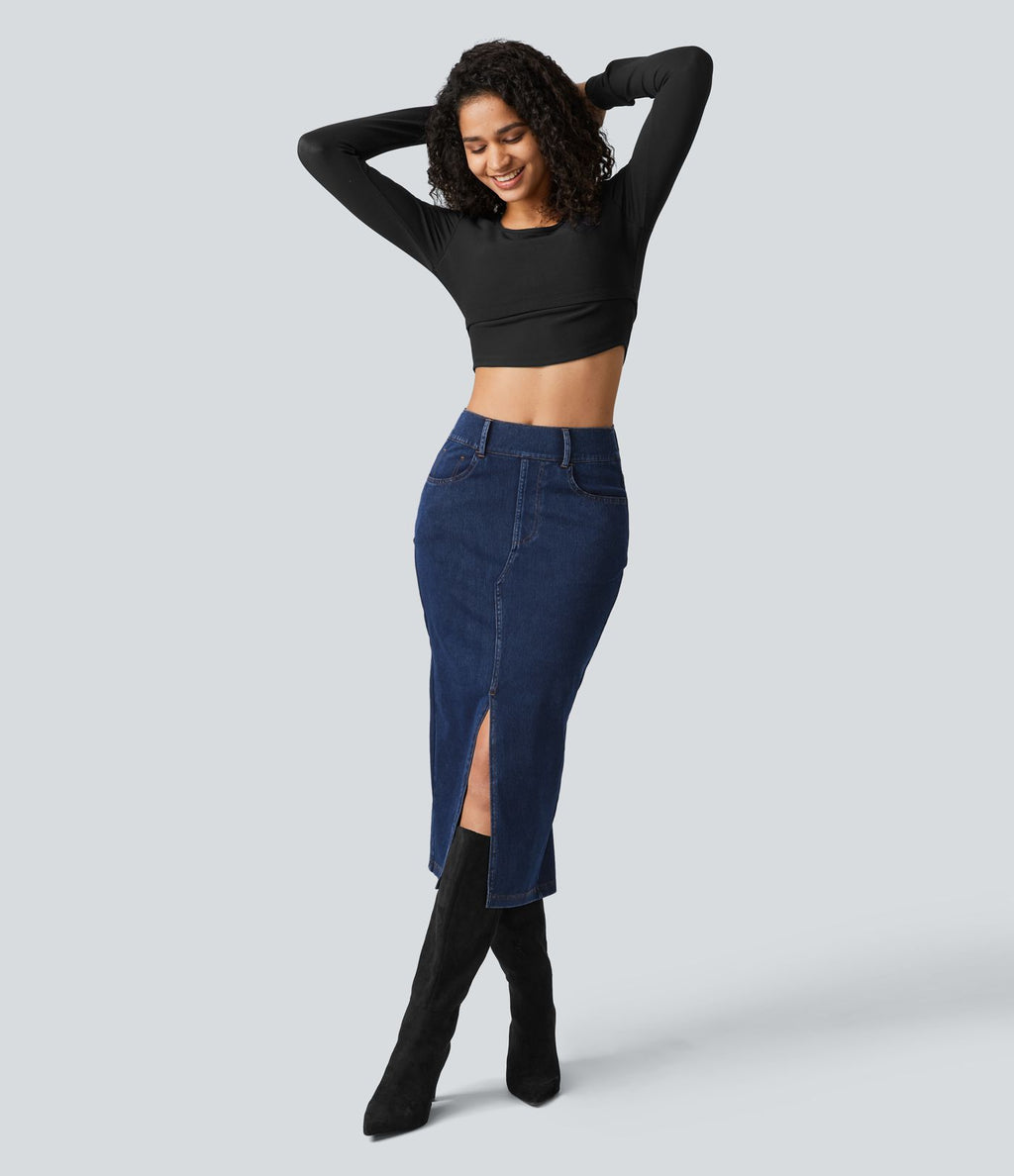 Halara Flex™ Jupe en Jean Midi Casual Tricot Extensible Taille Haute Poches Multiples