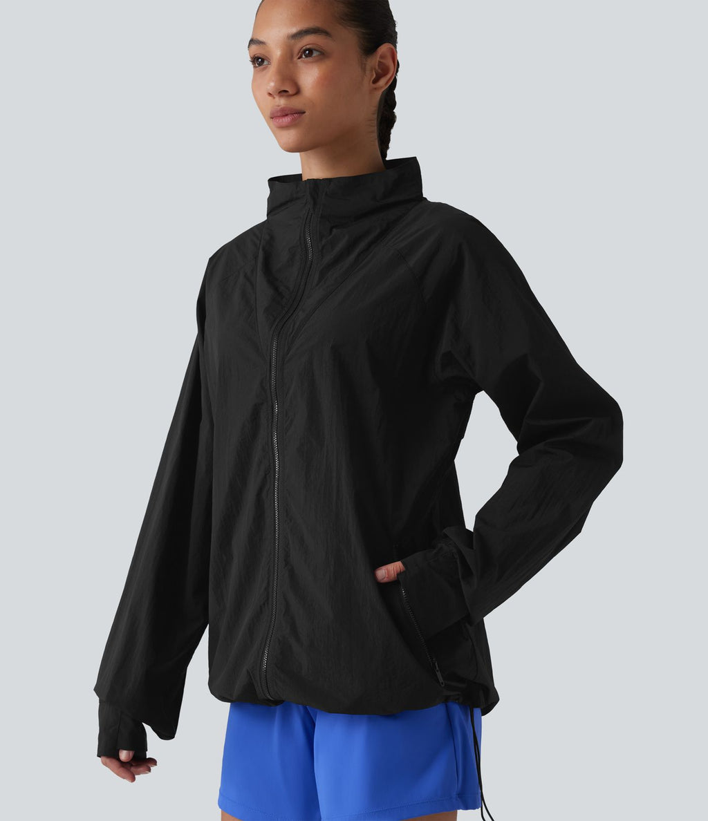 Coupe-vent casual à col droit avec trou pouces, cordon de serrage et poches