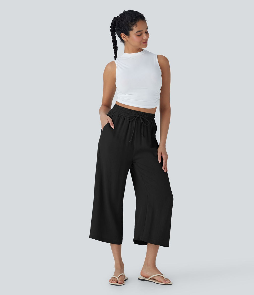 Pantalon décontracté aspect lin 7/8 à taille haute, jambe large avec cordon de serrage et poches latérales