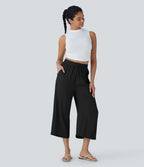 Pantalon décontracté aspect lin 7/8 à taille haute, jambe large avec cordon de serrage et poches latérales