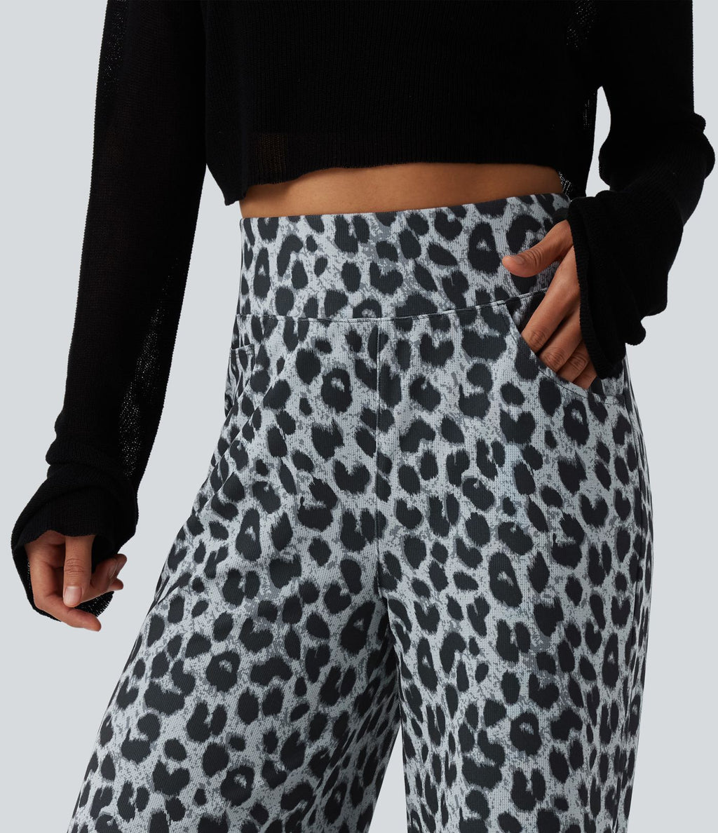 Pantalon large décontracté taille haute gaufré imprimé léopard avec poches