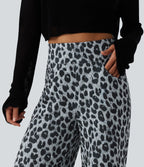 Pantalon large décontracté taille haute gaufré imprimé léopard avec poches