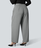 Pantalon Tailleur Droite Taille Haute Boutonnés Fermeture Éclair Plissé Poches Latérales Froncé Grande Taille