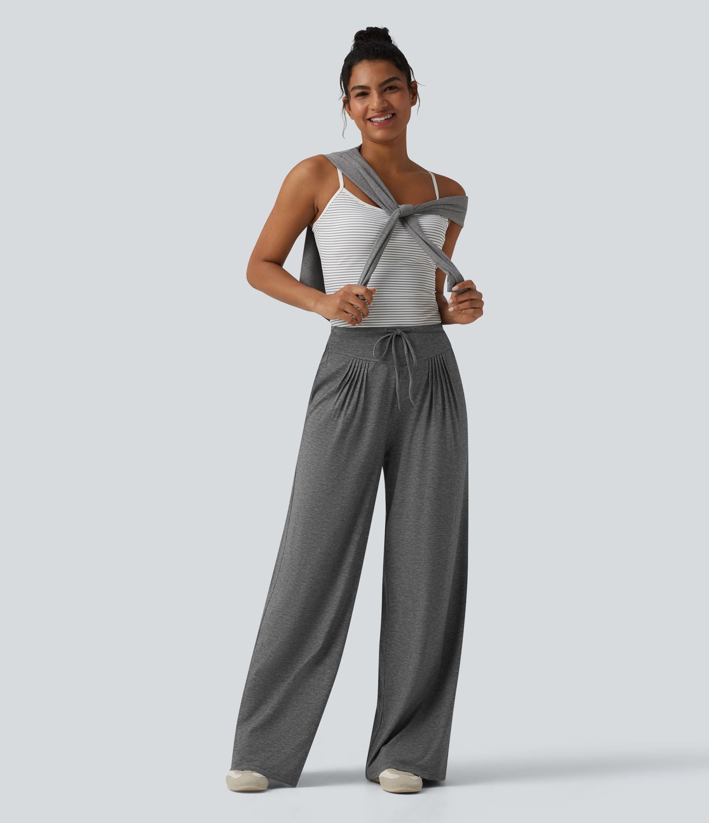 Pantalon casual ample chiné à plis taille haute avec cordon de serrage et poches