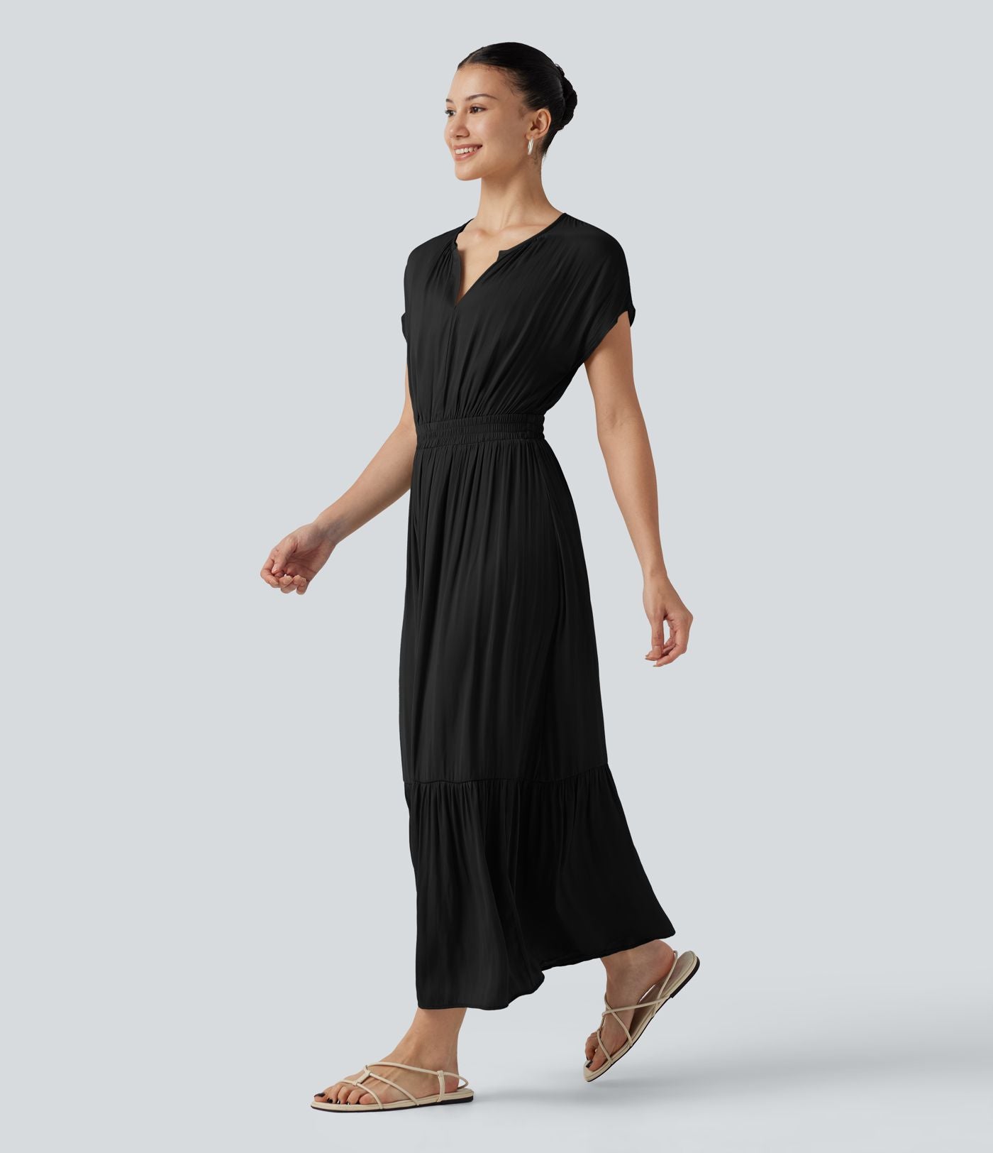Robe midi décontractée fluide, col V, manches courtes