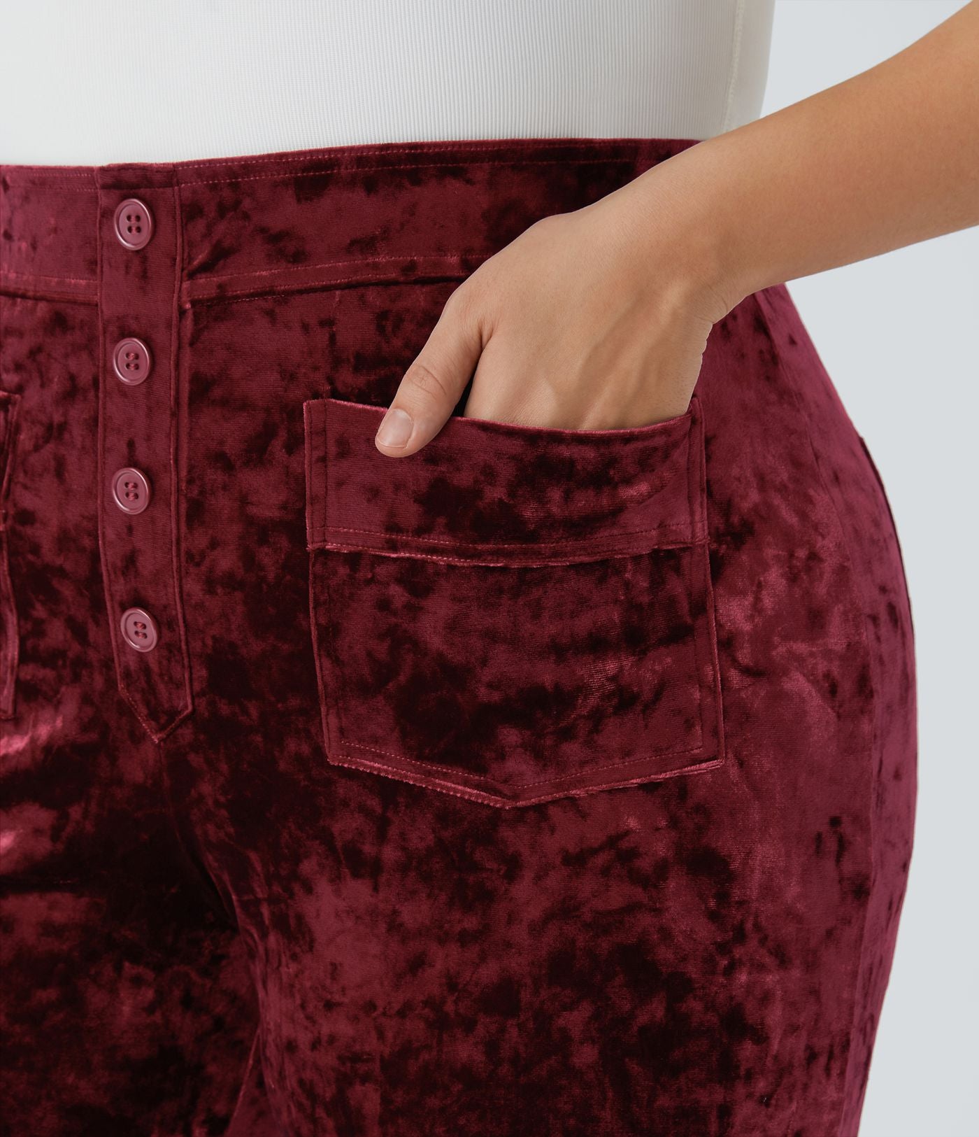 Pantalon décontracté grande taille en velours taille haute à boutons avec poches multiples et jambes droites